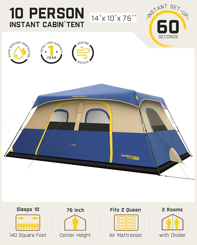 Camping Tent 4/6/8/10 Person Instant Cabin Tent Setup in 60 Seconds with Rainfly & Windproof Portable with Carry Bag for Family Camping & Hiking, Upgraded Ventilation