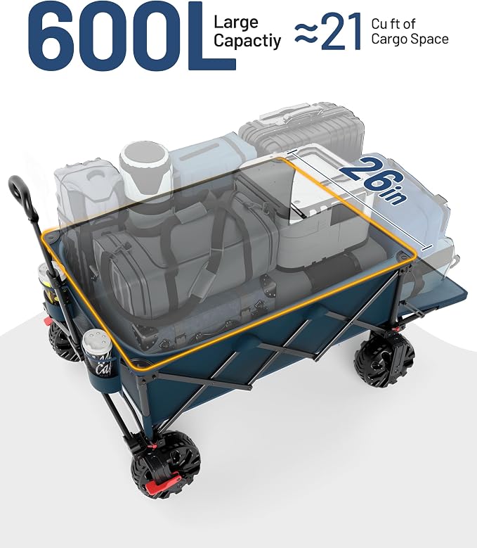 600L Beast Wagon 26" W Extra Wide All Terrain Folding w/Big Wheels, Cargo Net & Tailgate, 26" W and 54.5" L, 400lbs Heavy Duty Collapsible Portable Cart for Camping, Sports, Dogs