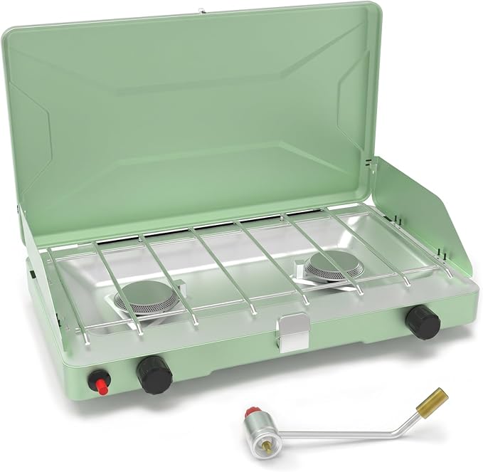 Portable Camping Stove, Propane Gas Camping Cooktop, 2 Burner, 20000 BTUs, Windscreen, Instant Ignition with Adjustable Burners Pressure Regulator for Camping Cooker BBQ Tailgating RV