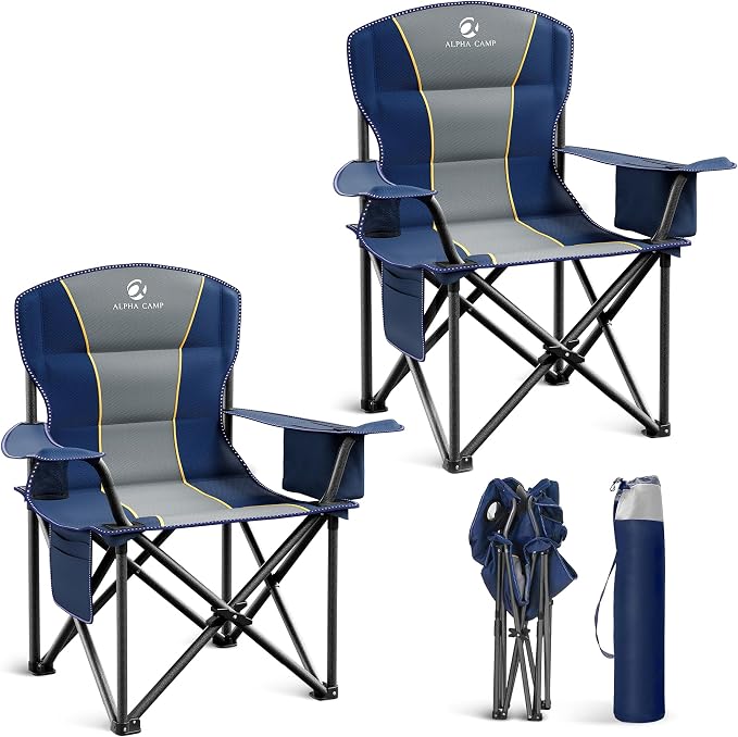 Folding Camping Chair Oversized Heavy Duty Padded Outdoor Chair | Oversized Chairs Lawn Chair with Cup Holder,Storage Pocket and Cooler Bag,Supports 450LBS,for Camp, Beach,Picnic