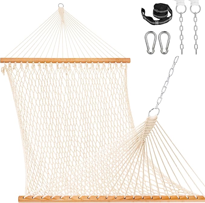 Double Handwoven Rope Hammock for Outdoor Fits 13-15 FT Stand | 12 Ft Hammock for 2 Person, with Spreader Bar, Tree Straps, Carabiners, Chains, 450 Lbs Capacity, Natural