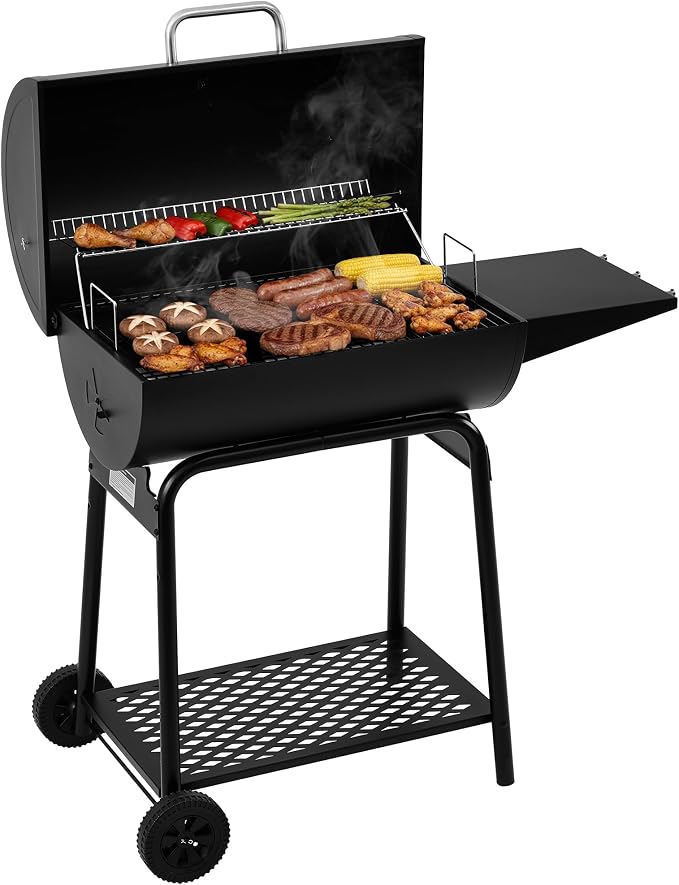 28 Inch Barrel Charcoal Grill with Warming Rack | Outdoor BBQ Grill with 626 Sq. In. Grilling Space, Side Shelf, for Backyard, Patio and Parties, Black