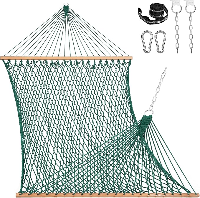 Double Handwoven Rope Hammock for Outdoor Fits 13-15 FT Stand | 12 Ft Hammock for 2 Person, with Spreader Bar, Tree Straps, Carabiners, Chains, 450 Lbs Capacity, Natural