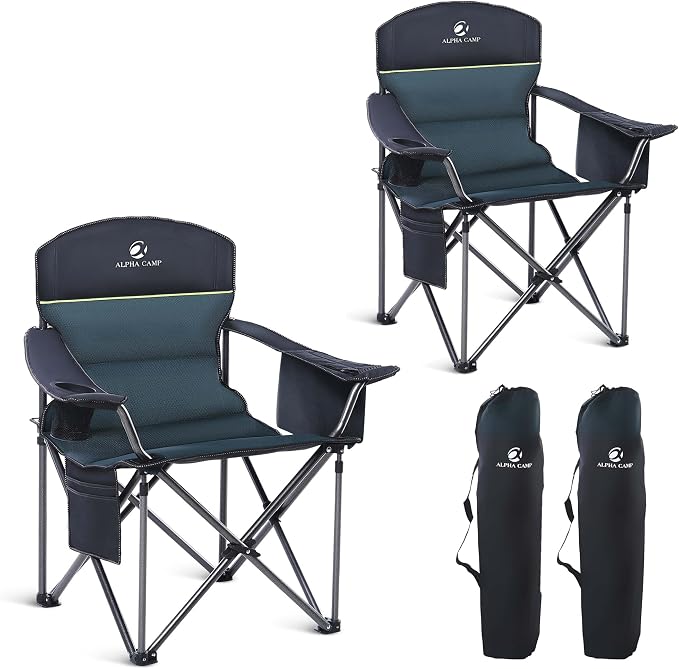 Folding Camping Chair Oversized Heavy Duty Padded Outdoor Chair | Oversized Chairs Lawn Chair with Cup Holder,Storage Pocket and Cooler Bag,Supports 450LBS,for Camp, Beach,Picnic