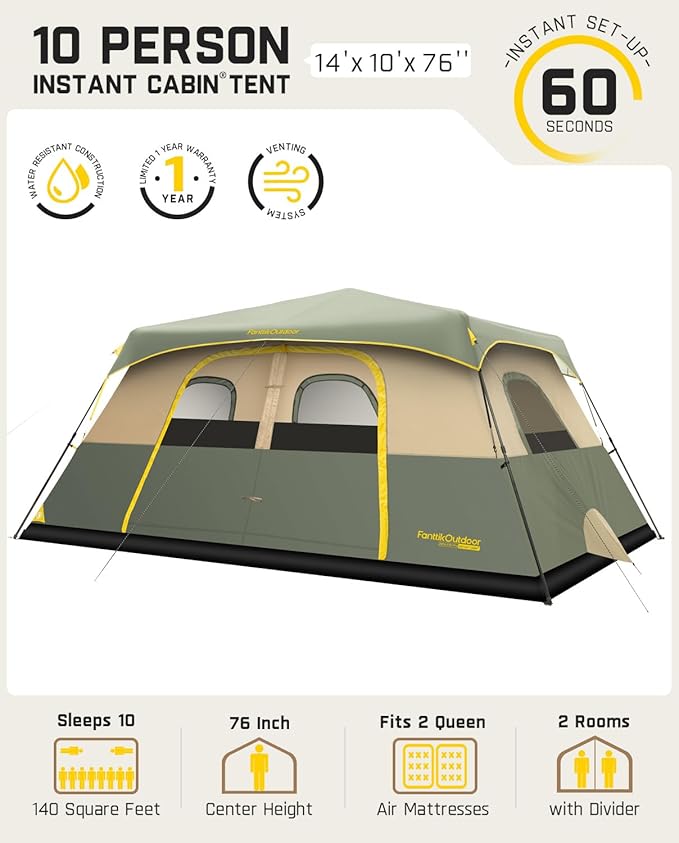 Camping Tent 4/6/8/10 Person Instant Cabin Tent Setup in 60 Seconds with Rainfly & Windproof Portable with Carry Bag for Family Camping & Hiking, Upgraded Ventilation
