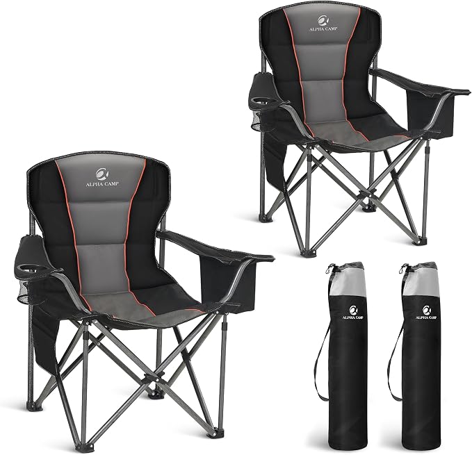 Folding Camping Chair Oversized Heavy Duty Padded Outdoor Chair | Oversized Chairs Lawn Chair with Cup Holder,Storage Pocket and Cooler Bag,Supports 450LBS,for Camp, Beach,Picnic