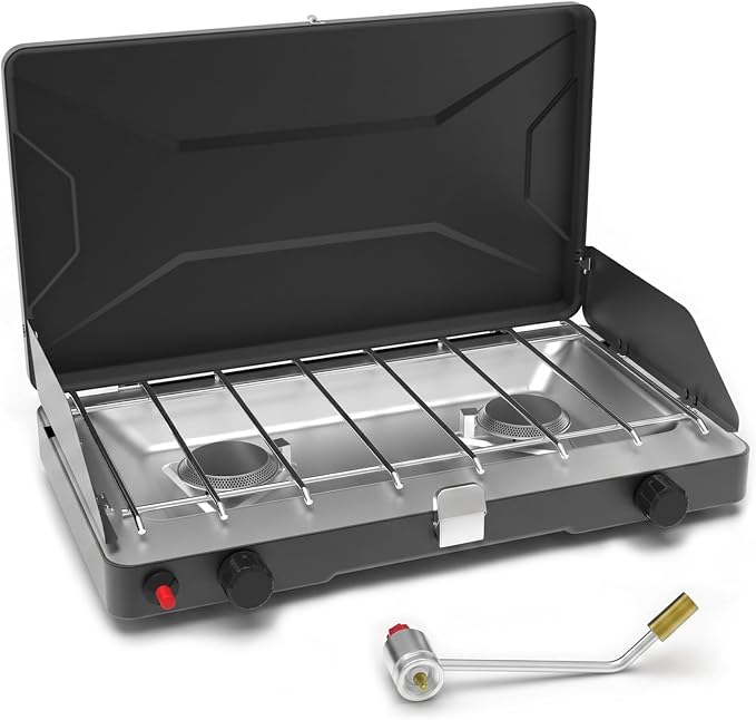 Portable Camping Stove, Propane Gas Camping Cooktop, 2 Burner, 20000 BTUs, Windscreen, Instant Ignition with Adjustable Burners Pressure Regulator for Camping Cooker BBQ Tailgating RV