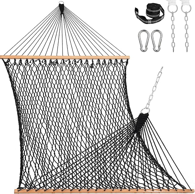 Double Handwoven Rope Hammock for Outdoor Fits 13-15 FT Stand | 12 Ft Hammock for 2 Person, with Spreader Bar, Tree Straps, Carabiners, Chains, 450 Lbs Capacity, Natural