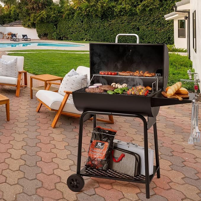 28 Inch Barrel Charcoal Grill with Warming Rack | Outdoor BBQ Grill with 626 Sq. In. Grilling Space, Side Shelf, for Backyard, Patio and Parties, Black