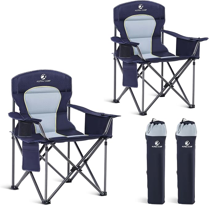 Folding Camping Chair Oversized Heavy Duty Padded Outdoor Chair | Oversized Chairs Lawn Chair with Cup Holder,Storage Pocket and Cooler Bag,Supports 450LBS,for Camp, Beach,Picnic