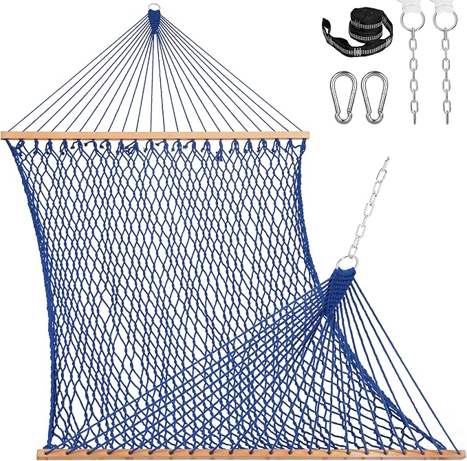 Double Handwoven Rope Hammock for Outdoor Fits 13-15 FT Stand | 12 Ft Hammock for 2 Person, with Spreader Bar, Tree Straps, Carabiners, Chains, 450 Lbs Capacity, Natural