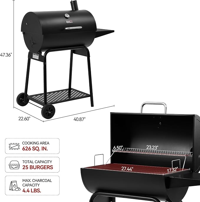 28 Inch Barrel Charcoal Grill with Warming Rack | Outdoor BBQ Grill with 626 Sq. In. Grilling Space, Side Shelf, for Backyard, Patio and Parties, Black