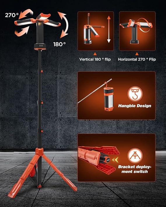 Portable Camping Light with Stand 12000mAh 73.2" Work Light LD10 | 3200 Lumen,with Bag, Adjustable Height,Rechargeable,4 Lighting Modes, for Garage, Outdoor, Emergency Power Outages, Fishing
