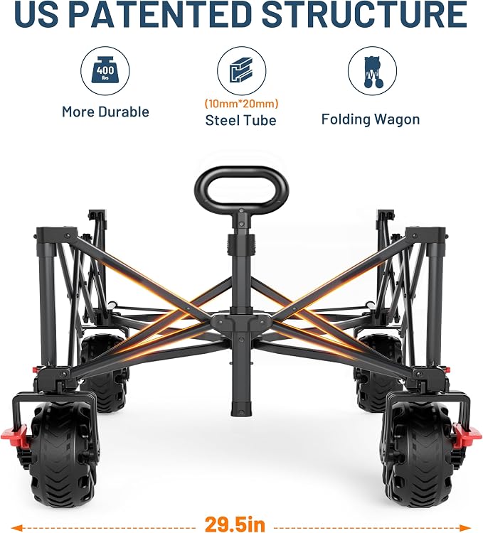 600L Beast Wagon 26" W Extra Wide All Terrain Folding w/Big Wheels, Cargo Net & Tailgate, 26" W and 54.5" L, 400lbs Heavy Duty Collapsible Portable Cart for Camping, Sports, Dogs