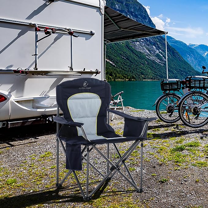 Folding Camping Chair Oversized Heavy Duty Padded Outdoor Chair | Oversized Chairs Lawn Chair with Cup Holder,Storage Pocket and Cooler Bag,Supports 450LBS,for Camp, Beach,Picnic