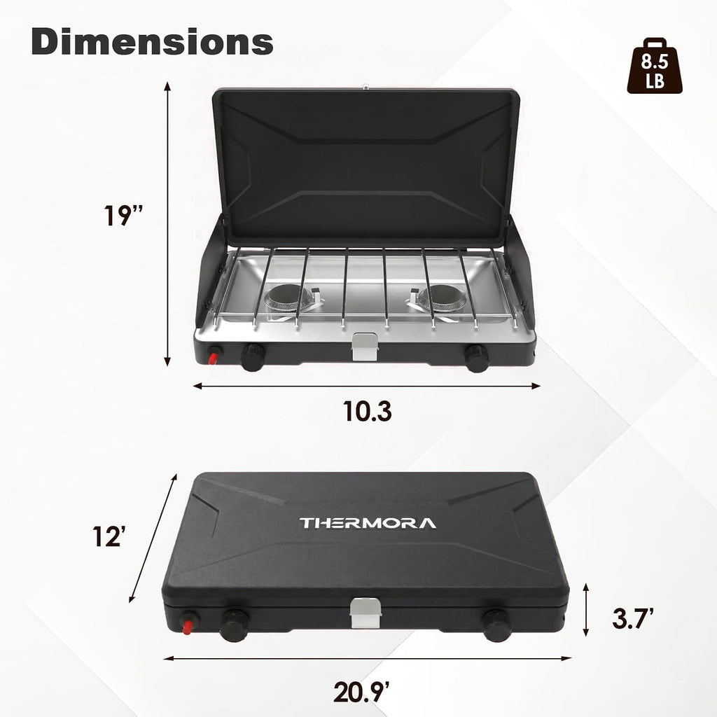 Portable Camping Stove, Propane Gas Camping Cooktop, 2 Burner, 20000 BTUs, Windscreen, Instant Ignition with Adjustable Burners Pressure Regulator for Camping Cooker BBQ Tailgating RV