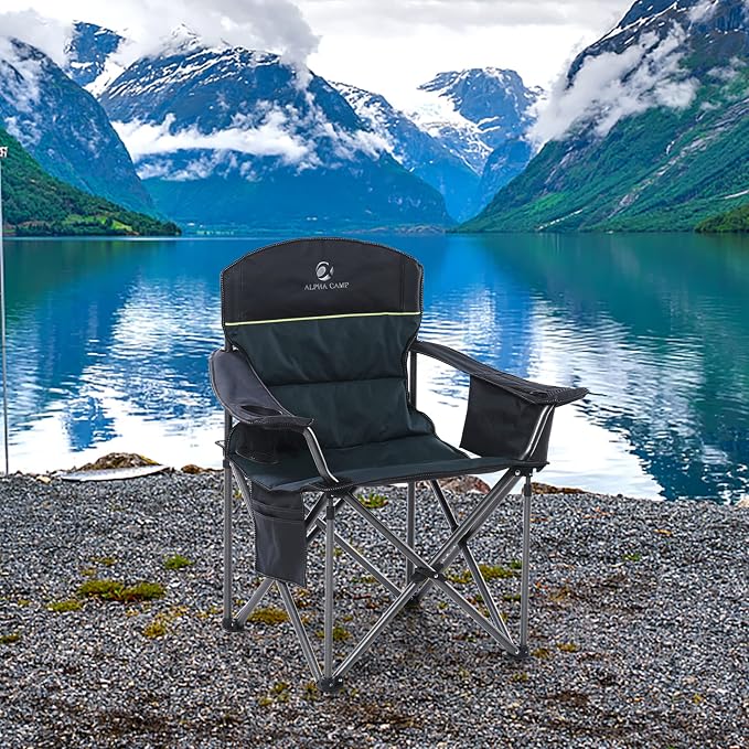 Folding Camping Chair Oversized Heavy Duty Padded Outdoor Chair | Oversized Chairs Lawn Chair with Cup Holder,Storage Pocket and Cooler Bag,Supports 450LBS,for Camp, Beach,Picnic