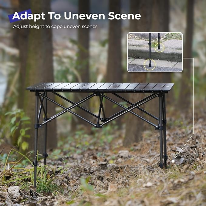 Folding Camping Table, Portable Aluminum Adjustable Height | Roll-Up Camp Lightweight table with Carry Bag, 9 lb Weight, 21.7"-29.5" Height, Outdoor for Camping, Picnic and BBQ
