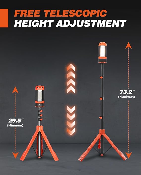 Portable Camping Light with Stand 12000mAh 73.2" Work Light LD10 | 3200 Lumen,with Bag, Adjustable Height,Rechargeable,4 Lighting Modes, for Garage, Outdoor, Emergency Power Outages, Fishing