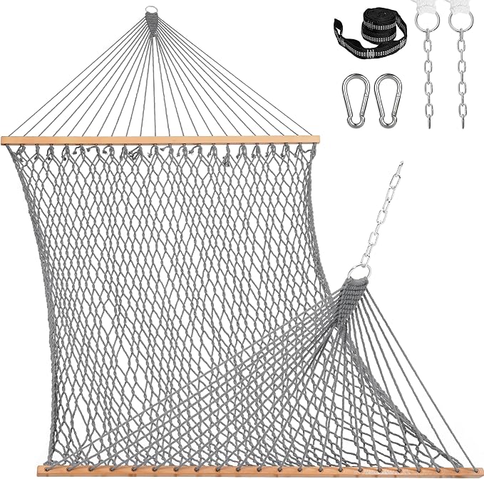 Double Handwoven Rope Hammock for Outdoor Fits 13-15 FT Stand | 12 Ft Hammock for 2 Person, with Spreader Bar, Tree Straps, Carabiners, Chains, 450 Lbs Capacity, Natural