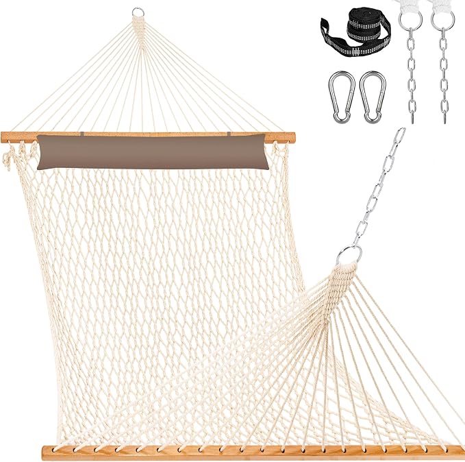 Double Handwoven Rope Hammock for Outdoor Fits 13-15 FT Stand | 12 Ft Hammock for 2 Person, with Spreader Bar, Tree Straps, Carabiners, Chains, 450 Lbs Capacity, Natural