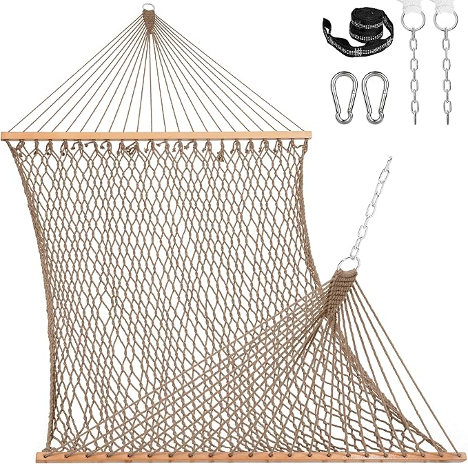 Double Handwoven Rope Hammock for Outdoor Fits 13-15 FT Stand | 12 Ft Hammock for 2 Person, with Spreader Bar, Tree Straps, Carabiners, Chains, 450 Lbs Capacity, Natural