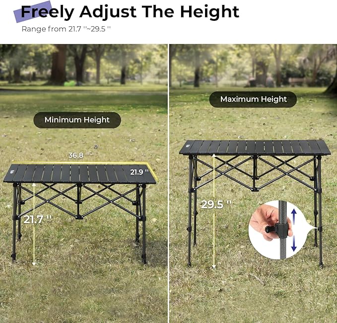 Folding Camping Table, Portable Aluminum Adjustable Height | Roll-Up Camp Lightweight table with Carry Bag, 9 lb Weight, 21.7"-29.5" Height, Outdoor for Camping, Picnic and BBQ