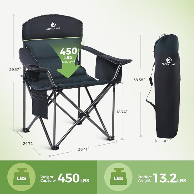 Folding Camping Chair Oversized Heavy Duty Padded Outdoor Chair | Oversized Chairs Lawn Chair with Cup Holder,Storage Pocket and Cooler Bag,Supports 450LBS,for Camp, Beach,Picnic
