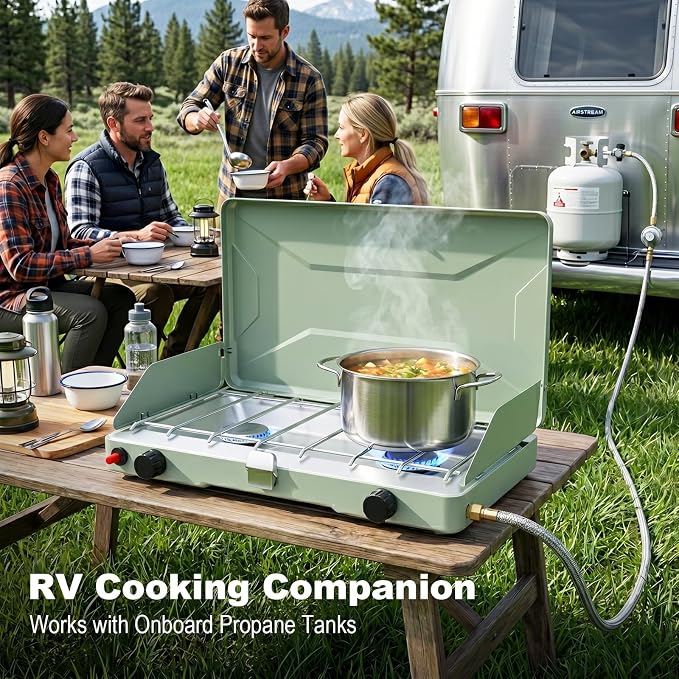 Portable Camping Stove, Propane Gas Camping Cooktop, 2 Burner, 20000 BTUs, Windscreen, Instant Ignition with Adjustable Burners Pressure Regulator for Camping Cooker BBQ Tailgating RV