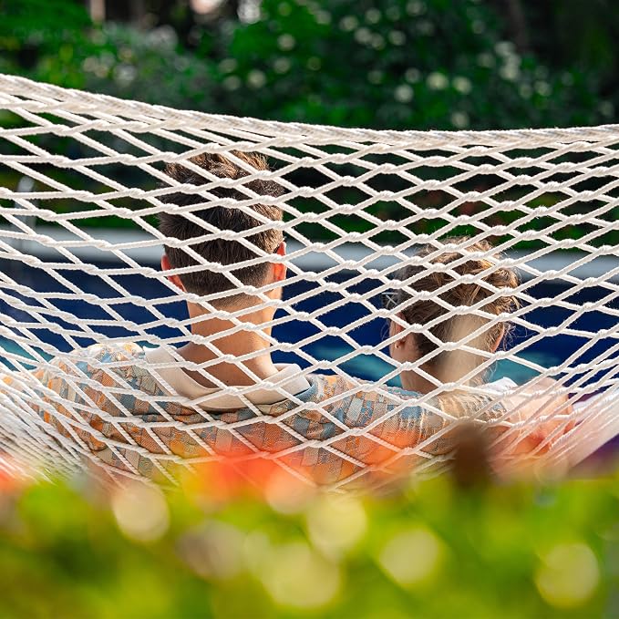 Double Handwoven Rope Hammock for Outdoor Fits 13-15 FT Stand | 12 Ft Hammock for 2 Person, with Spreader Bar, Tree Straps, Carabiners, Chains, 450 Lbs Capacity, Natural