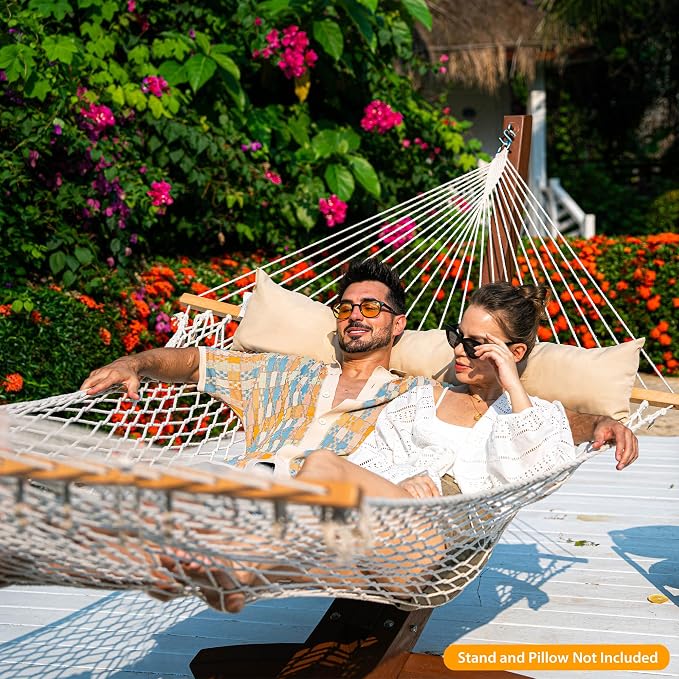 Double Handwoven Rope Hammock for Outdoor Fits 13-15 FT Stand | 12 Ft Hammock for 2 Person, with Spreader Bar, Tree Straps, Carabiners, Chains, 450 Lbs Capacity, Natural