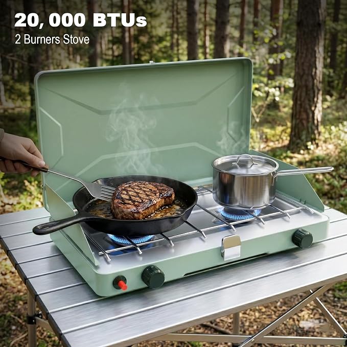 Portable Camping Stove, Propane Gas Camping Cooktop, 2 Burner, 20000 BTUs, Windscreen, Instant Ignition with Adjustable Burners Pressure Regulator for Camping Cooker BBQ Tailgating RV
