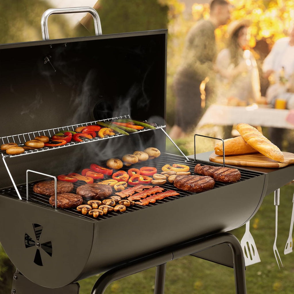 28 Inch Barrel Charcoal Grill with Warming Rack | Outdoor BBQ Grill with 626 Sq. In. Grilling Space, Side Shelf, for Backyard, Patio and Parties, Black