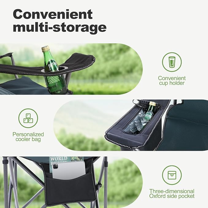 Folding Camping Chair Oversized Heavy Duty Padded Outdoor Chair | Oversized Chairs Lawn Chair with Cup Holder,Storage Pocket and Cooler Bag,Supports 450LBS,for Camp, Beach,Picnic