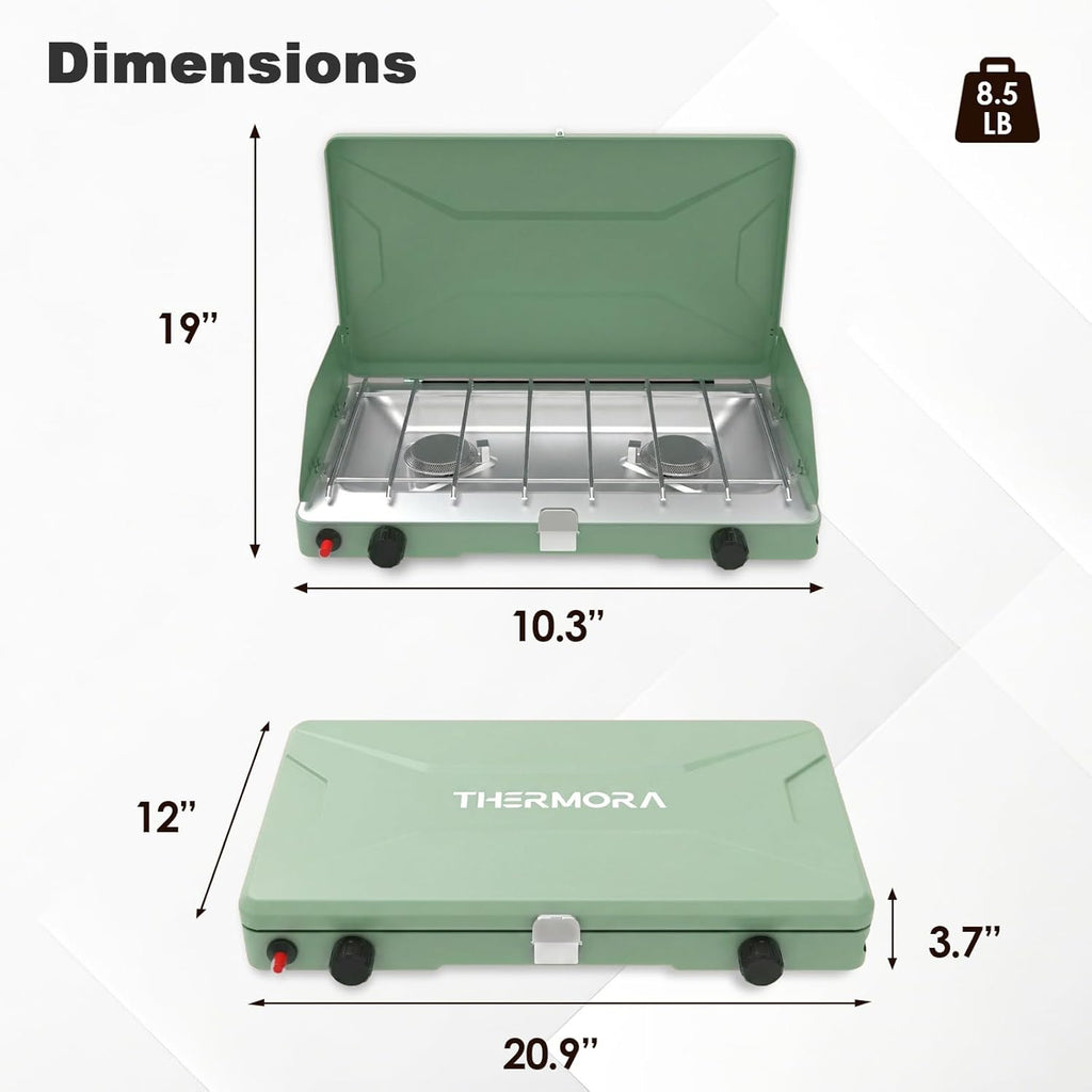 Portable Camping Stove, Propane Gas Camping Cooktop, 2 Burner, 20000 BTUs, Windscreen, Instant Ignition with Adjustable Burners Pressure Regulator for Camping Cooker BBQ Tailgating RV