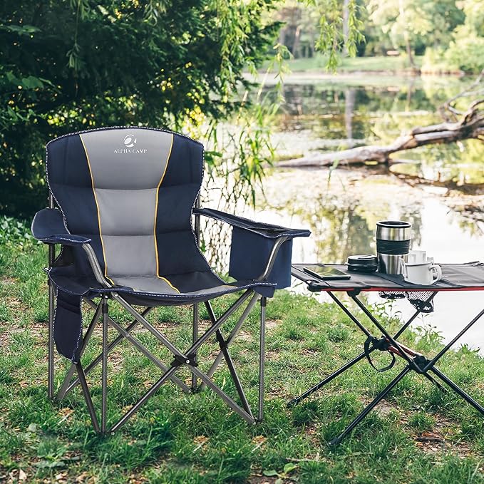 Folding Camping Chair Oversized Heavy Duty Padded Outdoor Chair | Oversized Chairs Lawn Chair with Cup Holder,Storage Pocket and Cooler Bag,Supports 450LBS,for Camp, Beach,Picnic