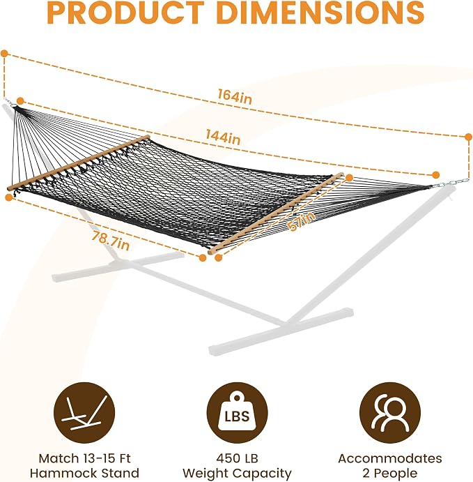 Double Handwoven Rope Hammock for Outdoor Fits 13-15 FT Stand | 12 Ft Hammock for 2 Person, with Spreader Bar, Tree Straps, Carabiners, Chains, 450 Lbs Capacity, Natural
