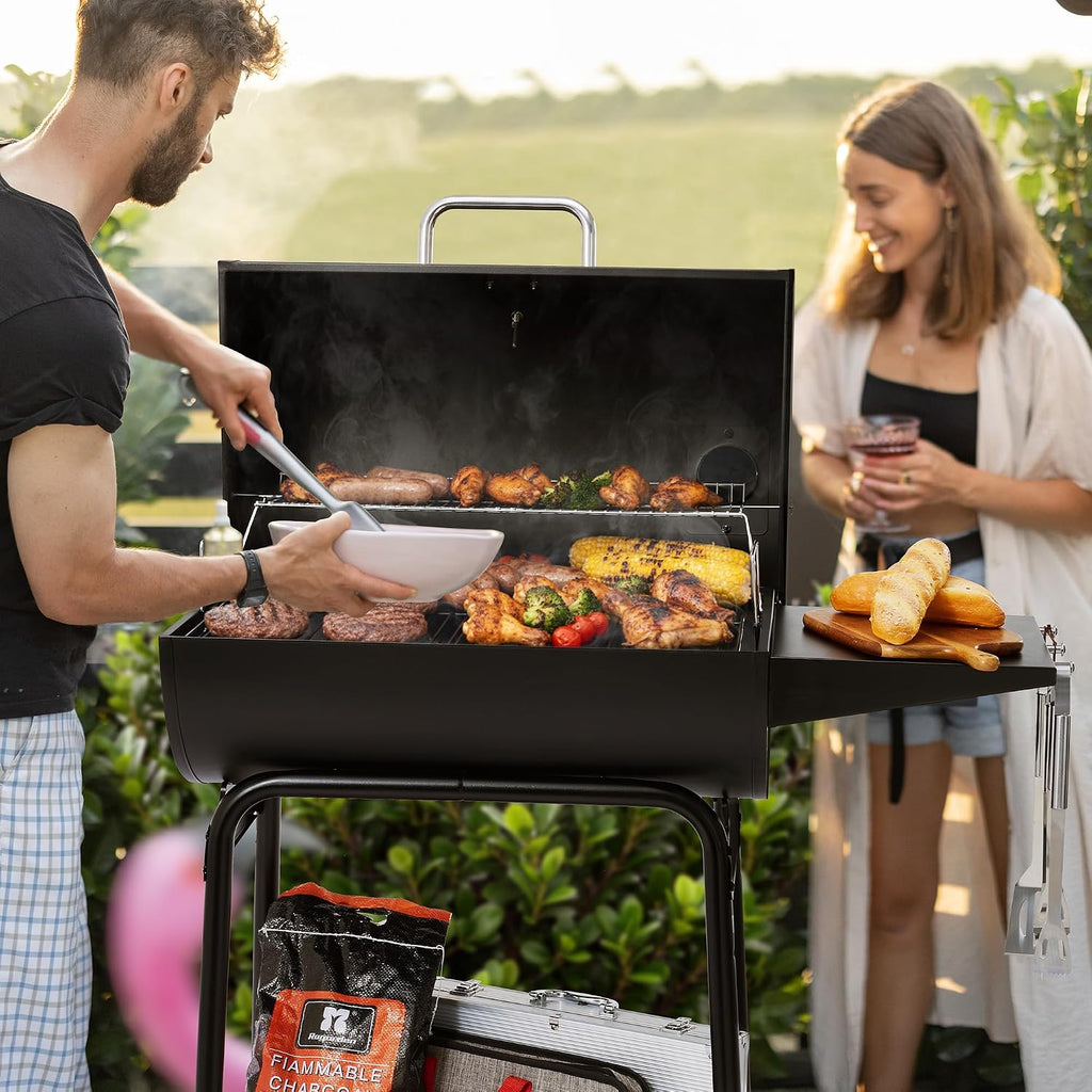 28 Inch Barrel Charcoal Grill with Warming Rack | Outdoor BBQ Grill with 626 Sq. In. Grilling Space, Side Shelf, for Backyard, Patio and Parties, Black